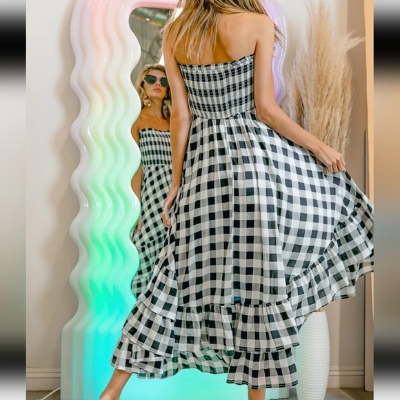 Smocked Body Off Shoulder Check Dress - Picture 3 of 5